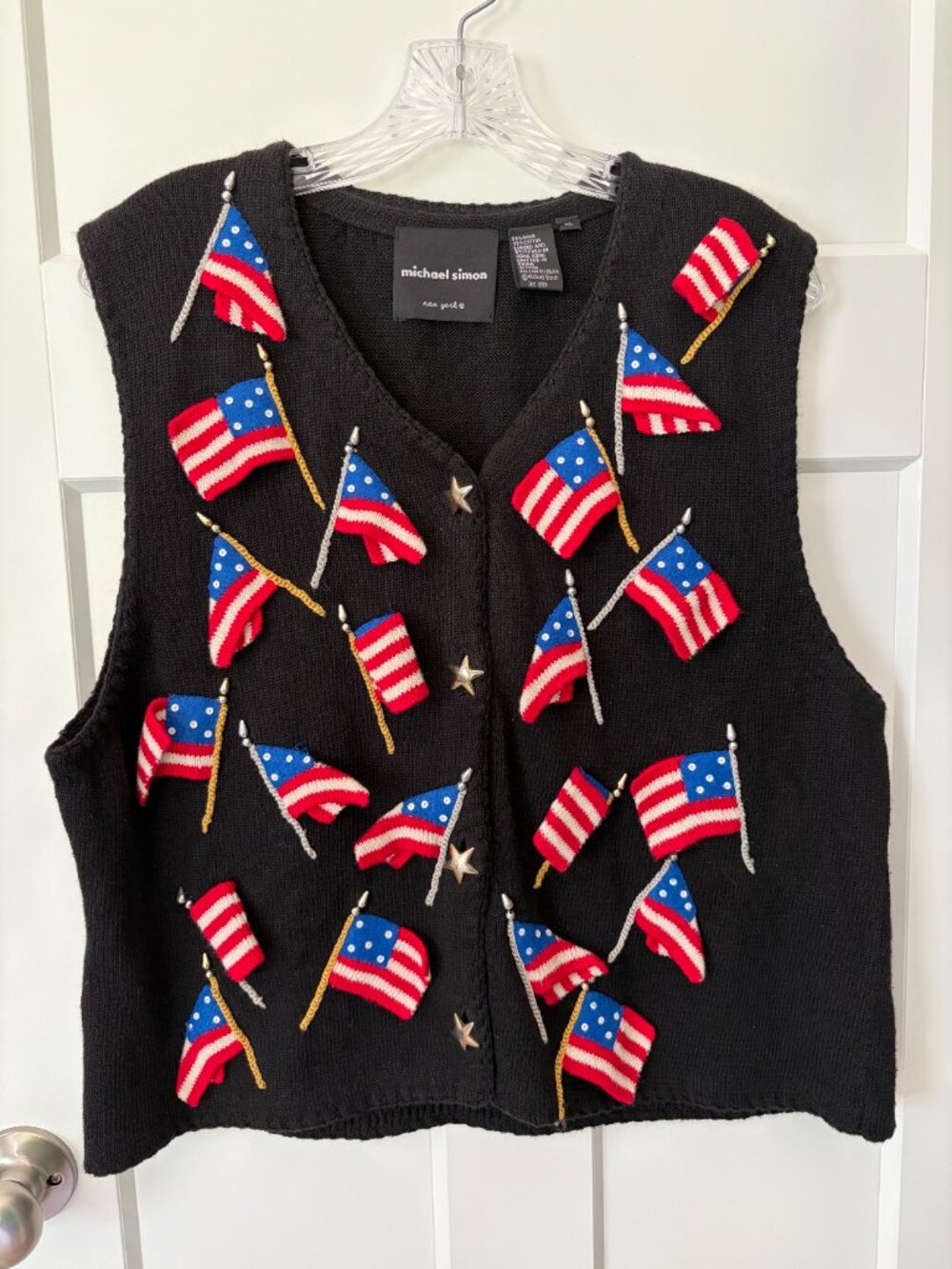 Vintage Michael Simon Knit Cardigan Vest 1999 Y2K American Flag XL Patriotic USA
